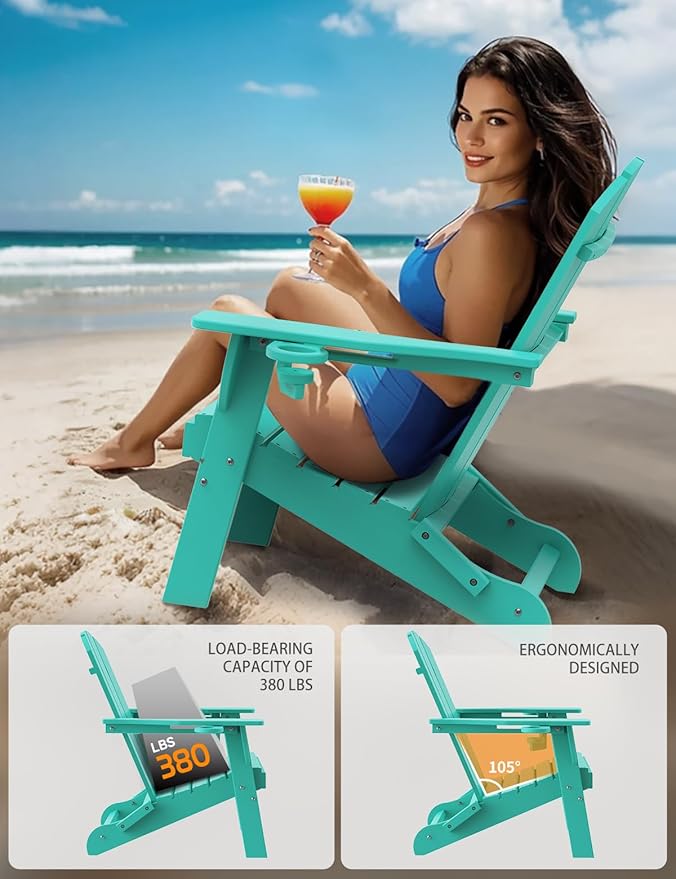 Folding Adirondack Chair Set of 6, Wooden Textured Plastic Adirondack Chairs with 2 Cup Holder, Weather Resistant HDPE Fire Pit Chair, Outdoor Patio Chairs for Garden, Backyard, Lawn, Deck, Lake Blue