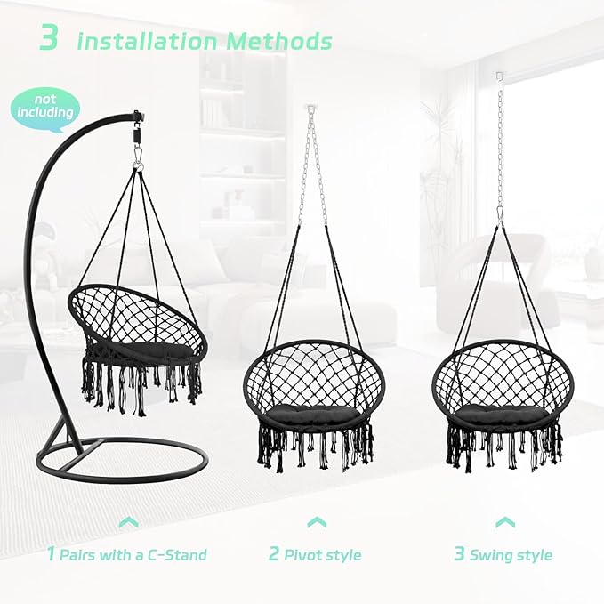 RQR Hammock Chair Macrame with Cushion, 500 LBS Heavy Duty Swing Chair, 31.5" Wide Seat, Steel O-Rings for Indoor Outdoor Bedroom and Balcony Garden (Black)