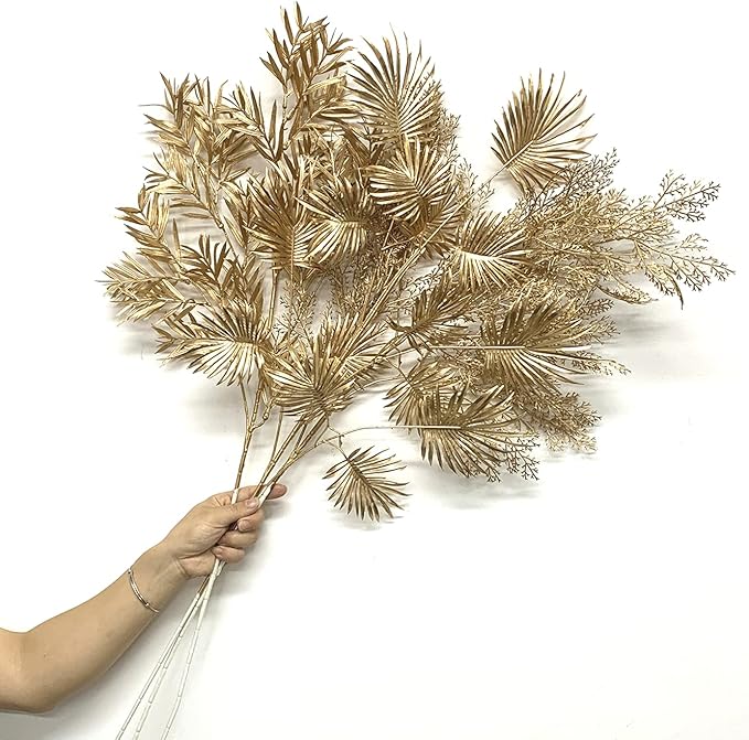Artificial Golden Plants for Christmas Decor, Tall 30 Inch Faux Palm Leaves Plastic Fan Leaf Fake Tropical Monstera Tree for Indoor Outdoor Wedding Party Big Vase Filler DIY Decoration - Gold 2 Pack