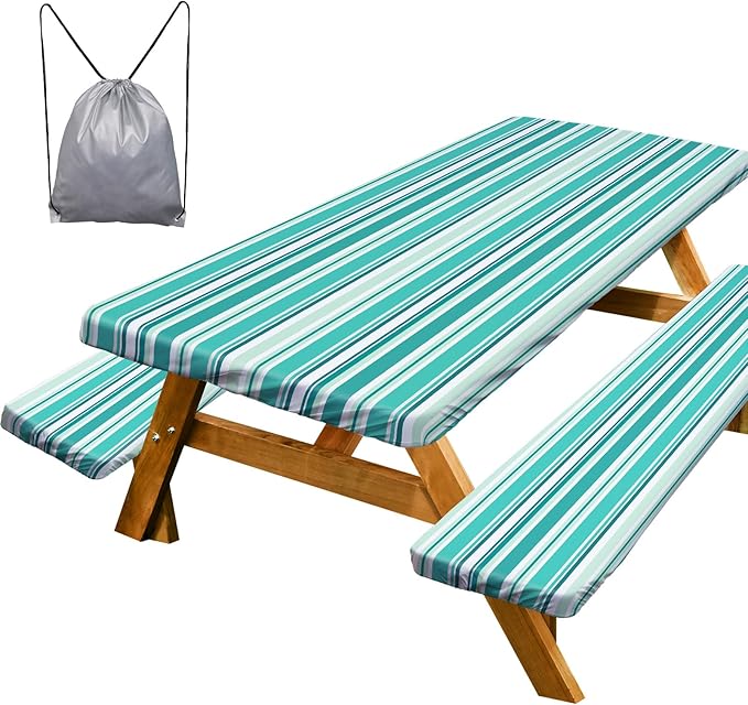 ICOSY Picnic Table Cover with Bench Covers 30 x 72 inch, Windproof Camping Essentials Table Cloths Fitted Rectangle Tablecloth for 6 Foot Tables, Camping Gifts Accessories for RV Campers