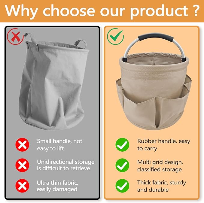 Khaki 17 L Picnic Garden Tool Bag with 6 Pockets, Foldable Bucket Organizer for Storage Camping Home Cleaning Products, Portable Garden Caddy Tote with Handle Harvest Basket (Khaki)