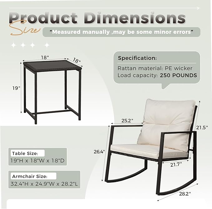 SUNCROWN 3 Piece Outdoor Rocking Bistro Set Black Wicker Furniture Porch Chairs Conversation Sets with Glass Coffee Table, Beige
