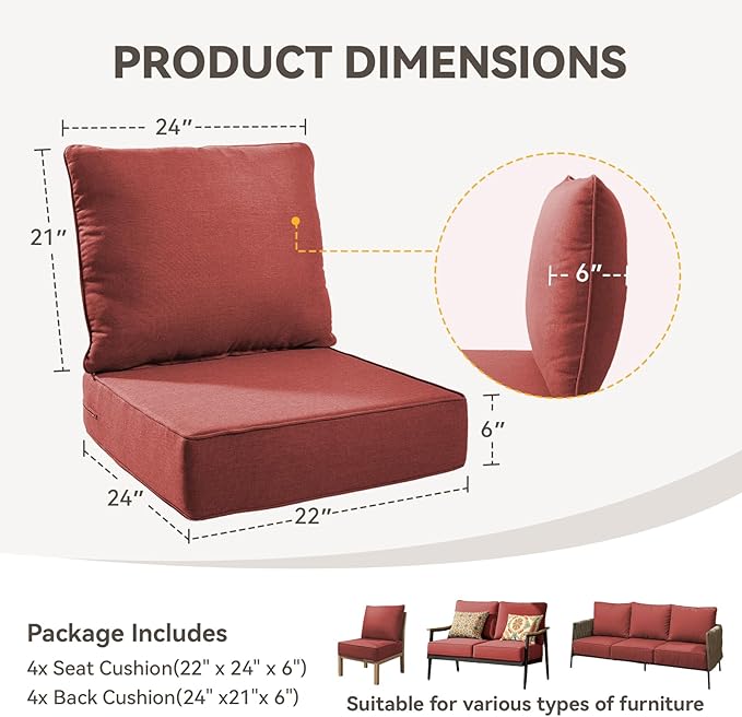 Outdoor Cushion Set for Furniture Patio Furniture, UV Resistant, Water Resistant - 6 Inch Thick Foam Garden Cushions– 22x24 Inch Patio Seat Covers for Chair/Sofa/Couch | Red | 4-Pack |