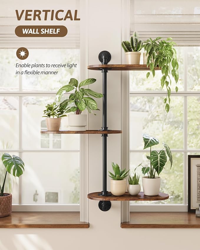 Window Plant Shelves 3-Tier Rotating Plant Stand Industrial Window Plant Shelf Wood Wall Mount Decorative Enhanced Indoor Plants Light Exposure Gift Idea for Plant Lovers