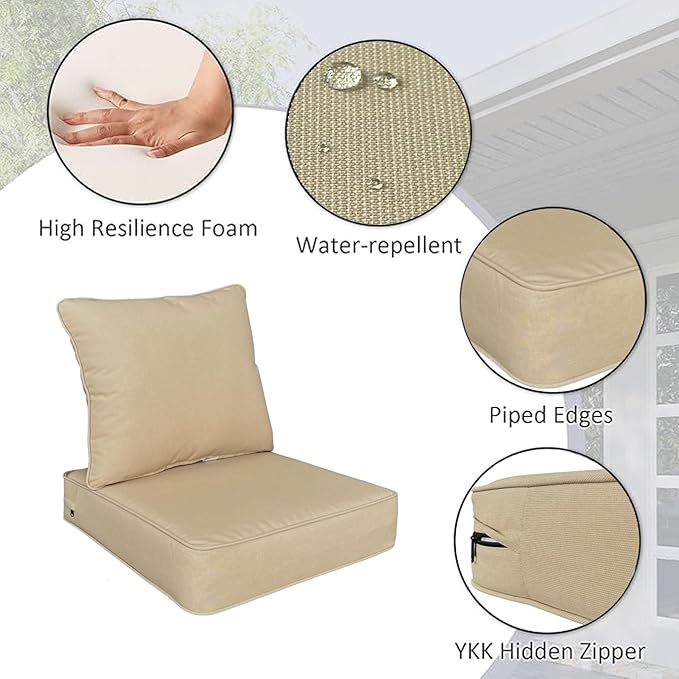 22x24 inch Outdoor Deep Seat Patio Cushions Set of 2,Water-Resistant Deep Seat Bottom Resilient Foam Filling with YKK Hidden Zipper for Patio Furniture,Beige