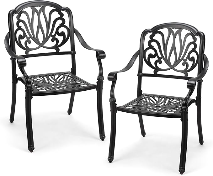 VINGLI Patio Chairs Set of 2 - Stackable Outdoor Cast Aluminum Dining Chairs with Vintage Black Finish and Floral Pattern, Metal Armchairs for Poolside, Backyard, Balcony (No Cushion)