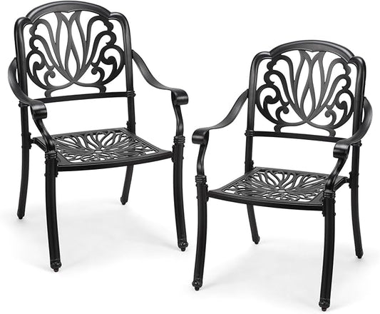 VINGLI Patio Chairs Set of 2 - Stackable Outdoor Cast Aluminum Dining Chairs with Vintage Black Finish and Floral Pattern, Metal Armchairs for Poolside, Backyard, Balcony (No Cushion)