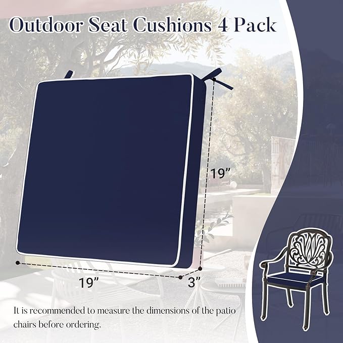 Basic Beyond Outdoor Chair Cushions for Patio Furniture, Waterproof Outdoor Seat Cushions Set of 4 19 x 19, Patio Chair Cushions Set of 4 with Ties and Handle, Navy Blue/White