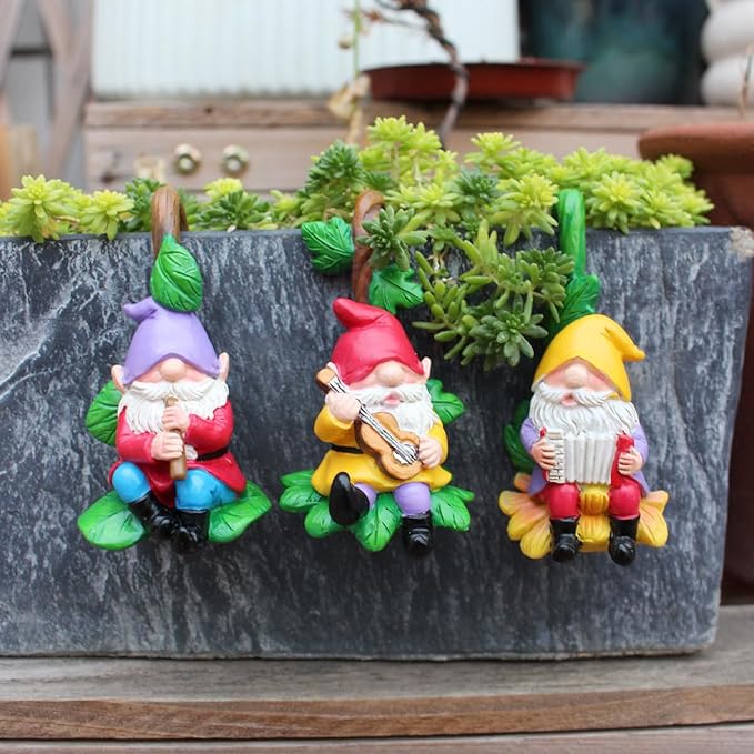 Set of 3 Cute Climbing Gnome Figurines Flower Pot Hugger, Resin Hanging Gnomes Statue Outdoor Decor Fence Ornaments for Patio Lawn Garden Yard (Music Gnome)