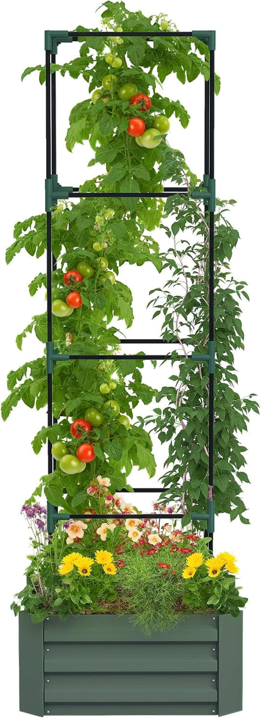 Outsunny Galvanized Raised Garden Bed, 73.5" Tall Outdoor Planter Box with Trellis Tomato Cage and Open Bottom for Climbing Vines, Vegetables, Flowers in Backyard, Garden, Patio, Green