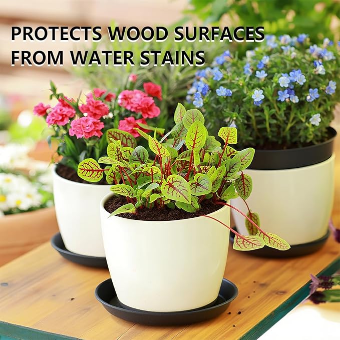 6 Pack 10 Inch Black Round Plant Saucers, Thick PP Plastic Pot Trays for Large Planters, Durable Flower Pot Water Catcher Plates & Drip Trays for Indoor Outdoor Gardening