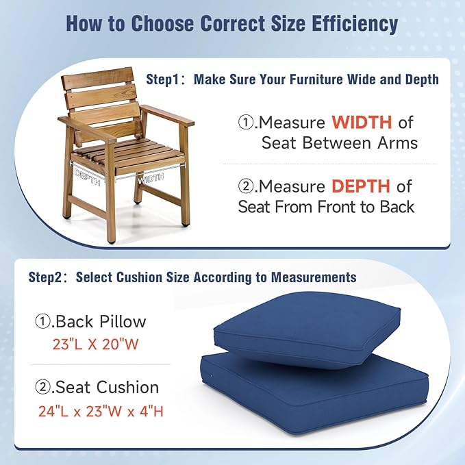 Outdoor Chair Cushions 23" x 24" x 4", Patio Deep Seat Replacement Cushions Set with Zippered Removable Cover, Weather-Resistant Olefin Fabric for Garden Chair Sofa Couch, Blue