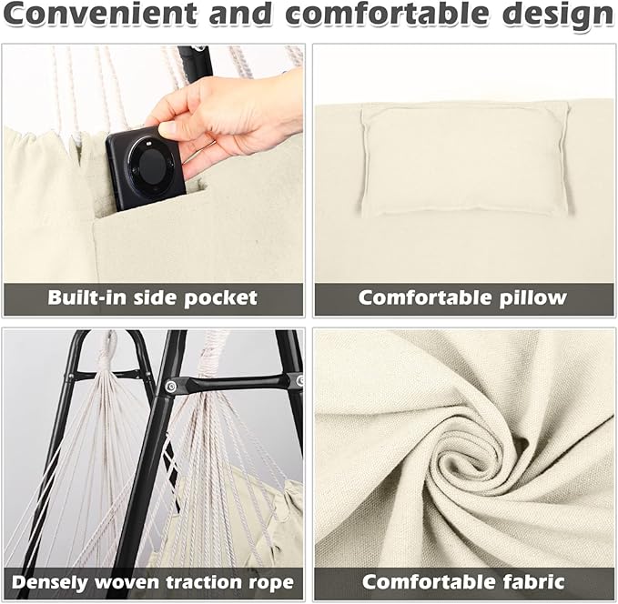 Hammock Chair with U Shape Stand, Cotton Swing Chair with Side Pocket, Heavy-Duty Metal Frame with Hanging Seat, Multi-Functional Swing Stand for Indoor and Outdoor Patio Yard Garden (Blackwhite)