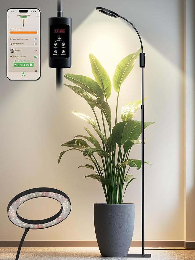 Smart Grow Lights for Indoor Plants,24W Plant Light with Auto-Timer,Full Spectrum LED Grow Light, Adjustable Height & Stepless Dimming,Plant Assistant Suitable for Most Plants (Black, 24W)