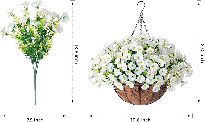 2 Set Artificial Hanging Flowers Baskets for Outdoors Faux Spring Plants, 24 Pcs UV Resistant Faux Silk White Morning Glory with 2 Outdoor Hanging Planters Realistic for Outside Porch Patio Decor