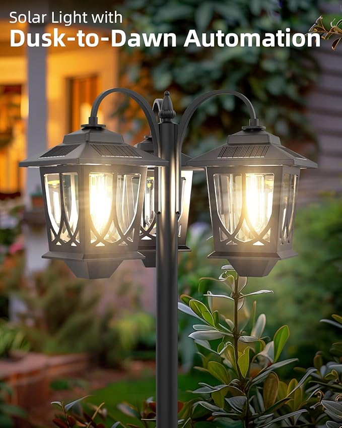 73" Aluminum Solar Lamp Post Light, 3-Head Pole Lights 90LM Waterproof - Auto Dusk to Warm White Dawn Floor Lamp for Outdoor Garden Pathway Replaceable Bulb