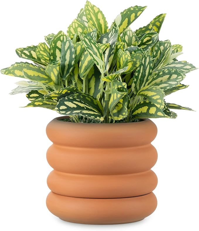 Navaris Ripple Terracotta Outdoor Plant Pot - Ribbed Design, Modern Style with Removable Base Drainage