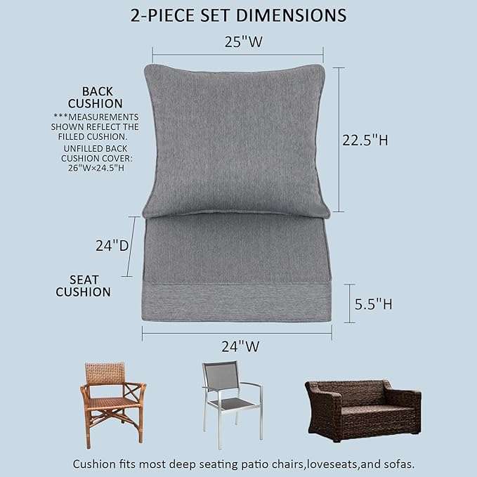 24x24 Inch Outdoor Deep Seat Cushions Set of 2,Thick High-Density Foam, Piped Edges & YKK Hidden Zipper,Water-Resistant UV-Resistant Polyester for Patio Furniture,Gray