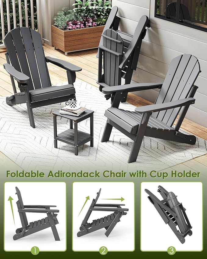 GREENVINES Folding-Adirondack-Chairs-Set-of-2 | HDPE Plastic | Fire Pit Chair | All Weather | Cup Holder | Grey | for Deck Backyard Patio Outdoor Garden