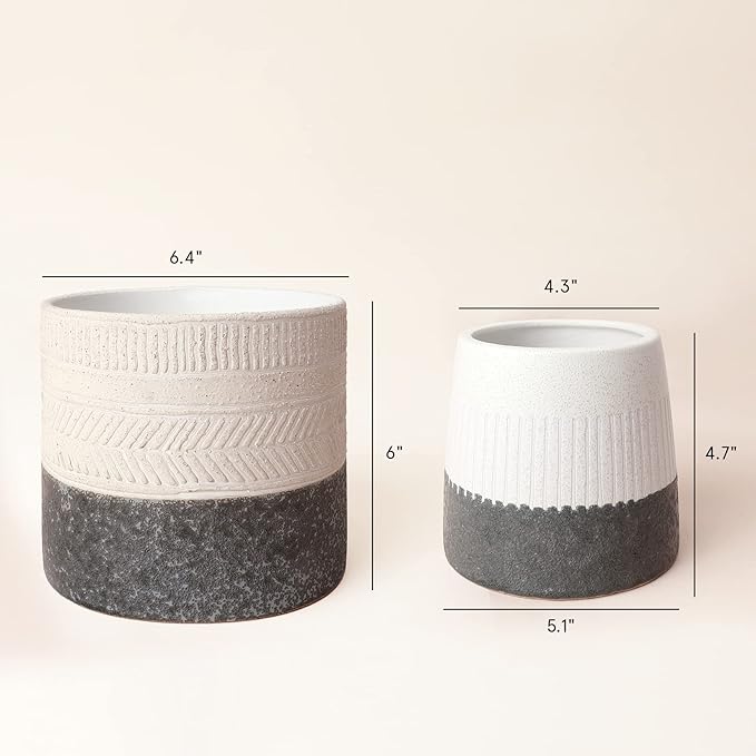 LA JOLIE MUSE Flower Pots Indoor Plant Pot Set of 2, Unique Small Ceramic Plants Planter, 6.4+ 5.1 Inch Planters, Gray & Ivory White