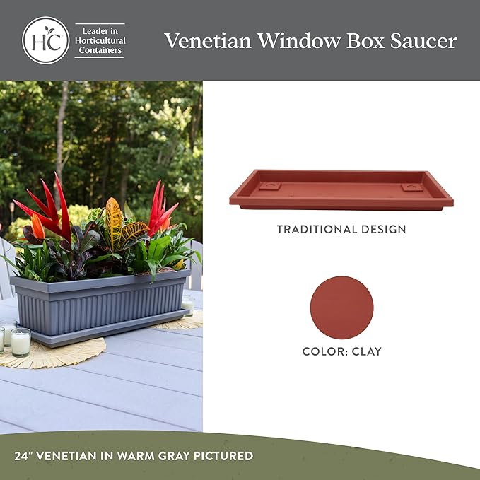 The HC Companies 29.5 Inch Venetian Rectangular Plant Saucer, Lightweight UV-Resistant Plastic Outdoor & Indoor Flower Pot Tray, 2-Pack Plant Pot Trays for Garden & Home Decor, Clay