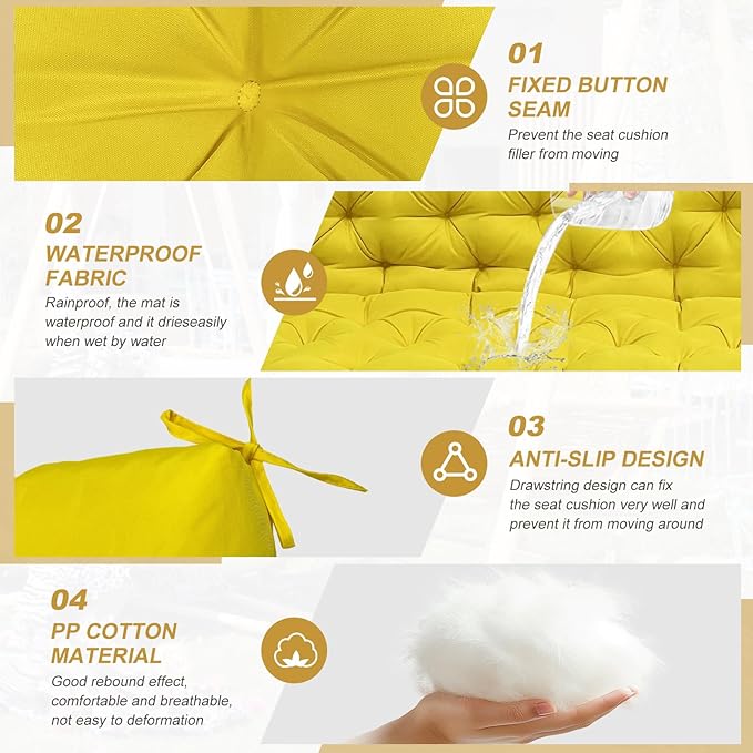60" Porch Swing Cushion with Backrest, Waterproof Outdoor Bench Swing Cushions 3 Seater Replacement Thickened Swing Cushions with Ties for Patio Garden Backyard,Yellow,60x40in