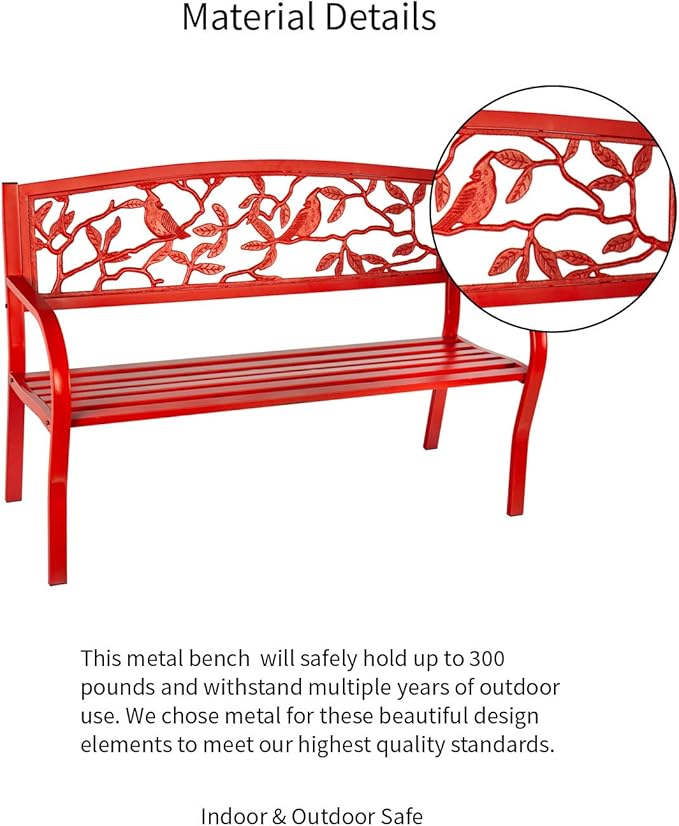 Evergreen Weatherproof Cardinal Outdoor Bench | Holds Up to 300 lbs | Furniture for Lawn Garden Patio Porch Park Deck | Steel | Red