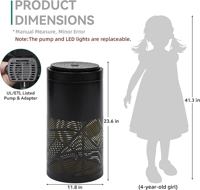 23.6" Outdoor Water Fountain with LED Lights, Metal Cutout Geometric Patterns Modern Garden Fountain with Pump, Soothing Cascading Water Flow for Patio, Deck, Porch Décor