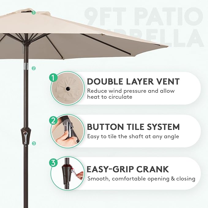 JEAREY 9FT Outdoor Patio Umbrella Market Umbrella with Push Button Tilt and Crank, Outdoor Table Umbrellas 8 Sturdy Ribs UV Protection Waterproof for Garden, Deck, Backyard, Pool (Cream Beige)