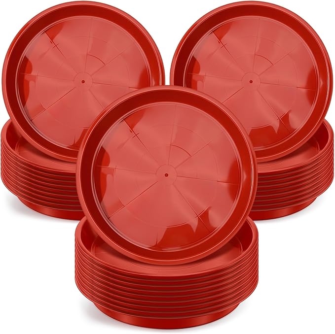 Sawysine 30 Pack Plastic Plant Saucer Round Drip Trays Red Flower Pot Saucers Thick Plant Dish Sturdy Water Tray Heavy Drainage Potted Container for Indoor Outdoor Garden(10 Inches)