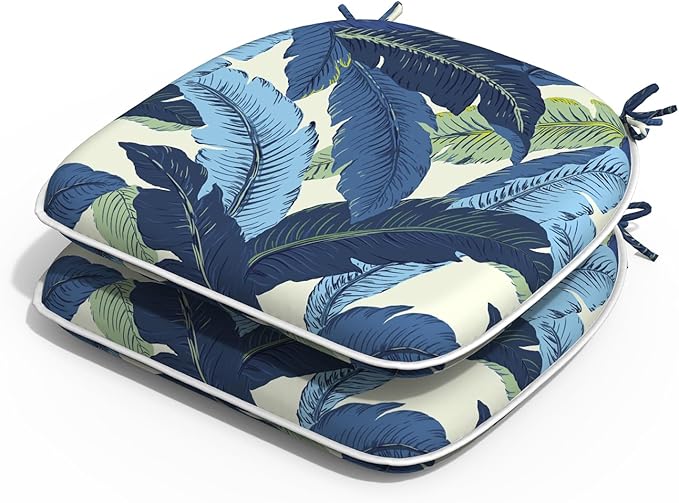 Outdoor Chair Cushions Set of 2, Water Resistant Patio Chair Pads with Ties, Seat Cushions for Home Garden Furniture Decoration, 16"x17", Swaying Palms Blue