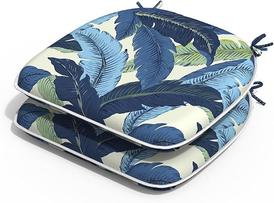 Outdoor Chair Cushions Set of 2, Water Resistant Patio Chair Pads with Ties, Seat Cushions for Home Garden Furniture Decoration, 16"x17", Swaying Palms Blue