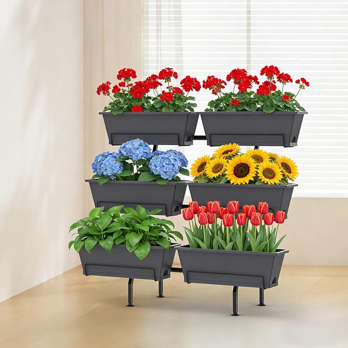ETELI Vertical Raised Garden Bed 3 Tier Garden Planter Indoor Outdoor Herb Planter with 6 Removable Boxes Standing Garden Planter with Drainage Holes Elevated Raised Bed for Patio Balcony Porch, Grey