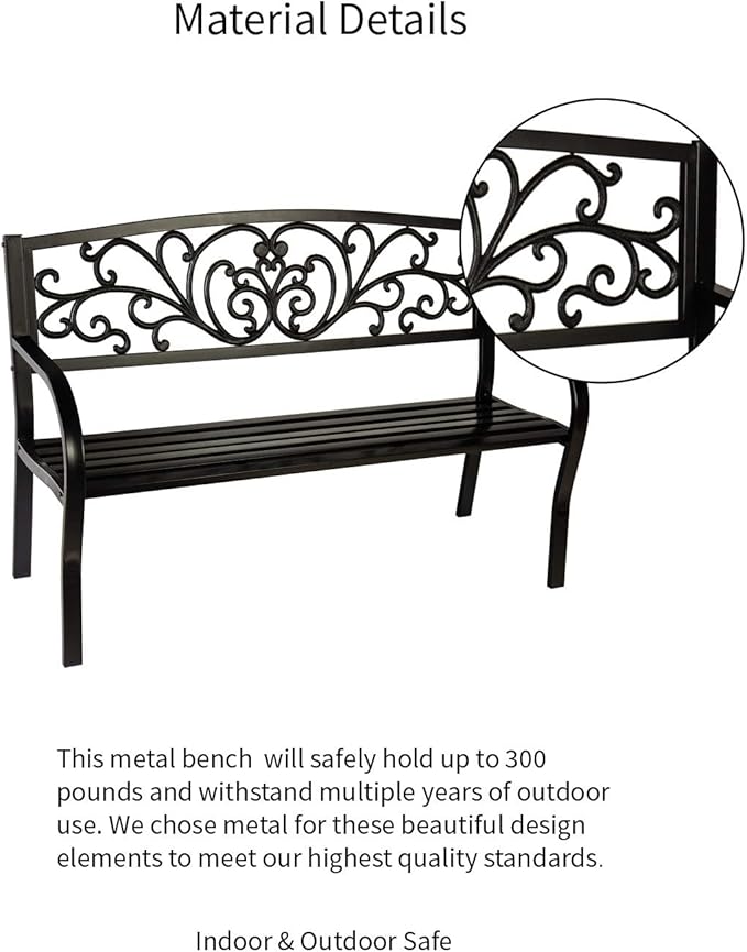 Evergreen Garden Weatherproof Outdoor Bench Blooming Garden | Holds Up to 300 lbs. | Furniture for Lawn Garden Patio Porch Park Deck | Steel | Black