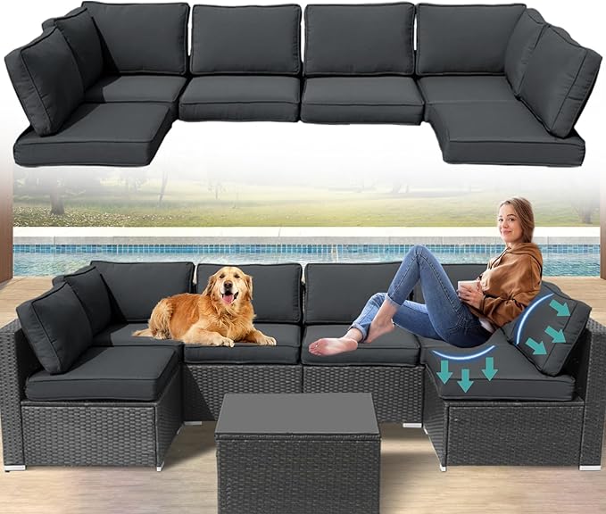 Patio Furniture Cushions,14Pieces Water-Resistant Outdoor Replacement Cushions,Sectional Sofa Cushions for Fits 6-Seats Rattan Wicker Patio Conversation Sets(Dark Grey)