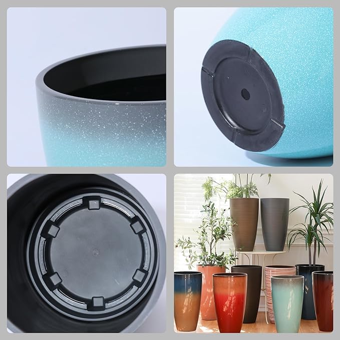 Planters for Outdoor Plants, Large Outdoor Plastic Grey to Azure Gradient Tall Flower Pots 2Pack, Patio Decor Unbreakable Resin, Lightweight Planter