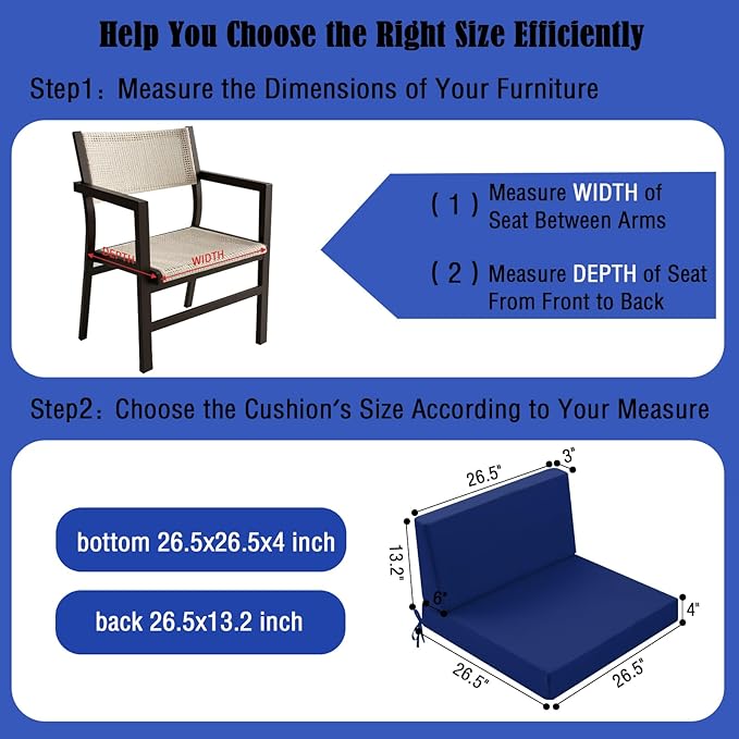 Outdoor Cushions for Patio Furniture, Outdoor Seat and Back Cushion, Waterproof Hampton Bay Deep Seat Replacement Couch Cushions for Garden Lawn, 26.5x26.5 Navy