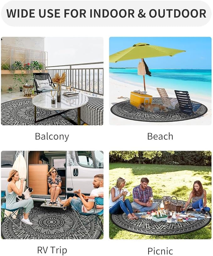 MontVoo Outdoor Rug Carpet Waterproof Round 10ft Outdoor Patio Rug Mat Reverisble Plastic Straw Outdoor Rug for RV Camping Picnic Beach Balcony Boho Grey