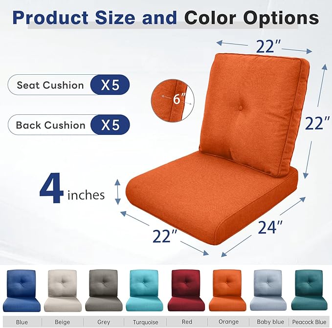 Belord Luxury 4" Thick Outdoor Cushion 5 Set - 22 x24 Inch 28D Sponge Filling Fade-Resistant Chair Cushion, Spill Proof Removable Patio Furniture Replacement Cushions for Sofa Bench Swing - Orange