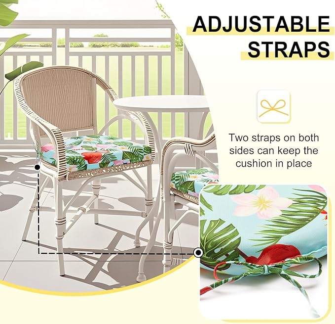 downluxe Outdoor Chair Cushions Set of 4 for Patio Furniture, Water-Resistant Patio Chair Cushions with Ties, High Density Foam Outdoor Seat Cushion, 17" X 16" X 2", Tropical Flamingo