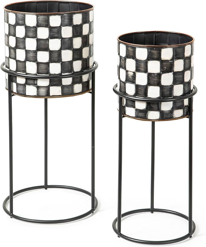 MACKENZIE-CHILDS Set of 2 Check It Out Metal Planters, Black-and-White Garden Planter