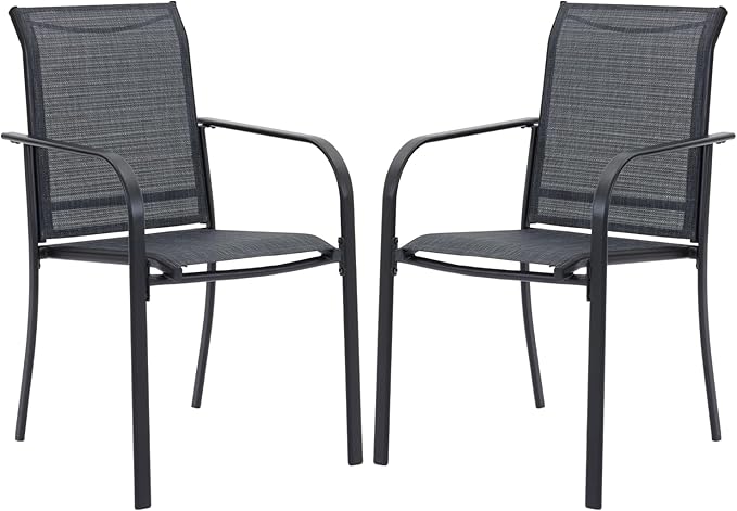 VICLLAX Patio Stackable Dining Chairs Set for 2, Outdoor Sling Chairs with Metal Frame for Front Porch Balcony Backyard Garden and Deck, Black Grey