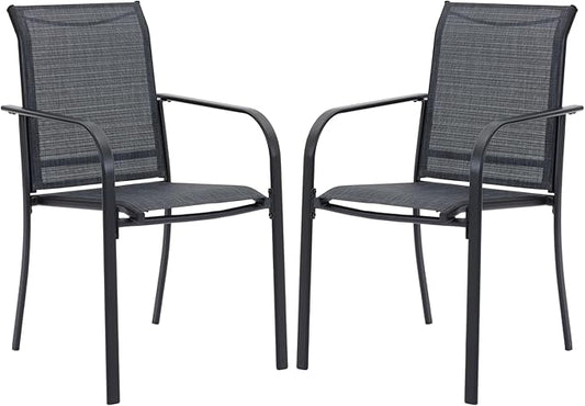 VICLLAX Patio Stackable Dining Chairs Set for 2, Outdoor Sling Chairs with Metal Frame for Front Porch Balcony Backyard Garden and Deck, Black Grey