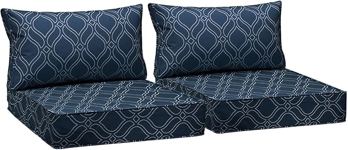 AAAAAcessories Outdoor Seat Cushions for Chairs, Fade-Resistant, Waterproof Patio Furniture Replacement Cushions, 25.5" x 25.5" x 5" + 25.5" x 13.5", Set of 2, Slate Blue Vine Trellis