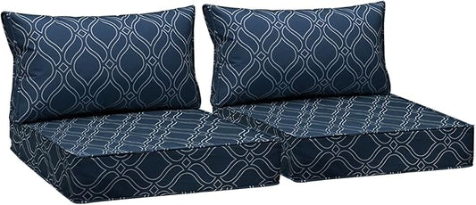 AAAAAcessories Outdoor Seat Cushions for Chairs, Fade-Resistant, Waterproof Patio Furniture Replacement Cushions, 25.5" x 25.5" x 5" + 25.5" x 13.5", Set of 2, Slate Blue Vine Trellis