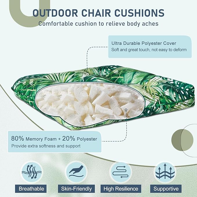 downluxe Outdoor Chair Cushions Set of 2 for Patio Furniture, Waterproof Tufted Overstuffed Patio Furniture Cushions, Thick Outdoor Seat Cushion, 19" X 19" X 5", Palm Leaves