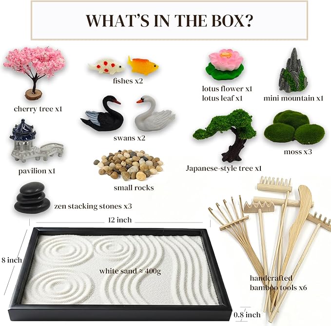 Zen Garden for Desk, Japanese Garden Home Office Desktop Decor for Meditation Sand Tray Therapy Kit,11.8'' X 7.9'' Large Size,Bamboo Rake Tools, Valentine's Day Gift