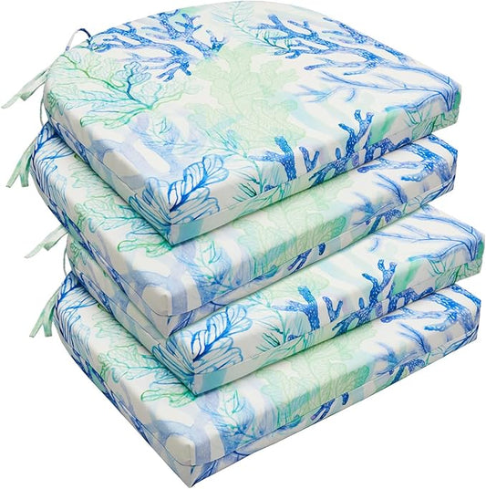 downluxe Outdoor Chair Cushions Set of 4 for Patio Furniture, Water-Resistant Patio Chair Cushions with Ties, High Density Foam Outdoor Seat Cushion, 17" X 16" X 2", Blue Coral