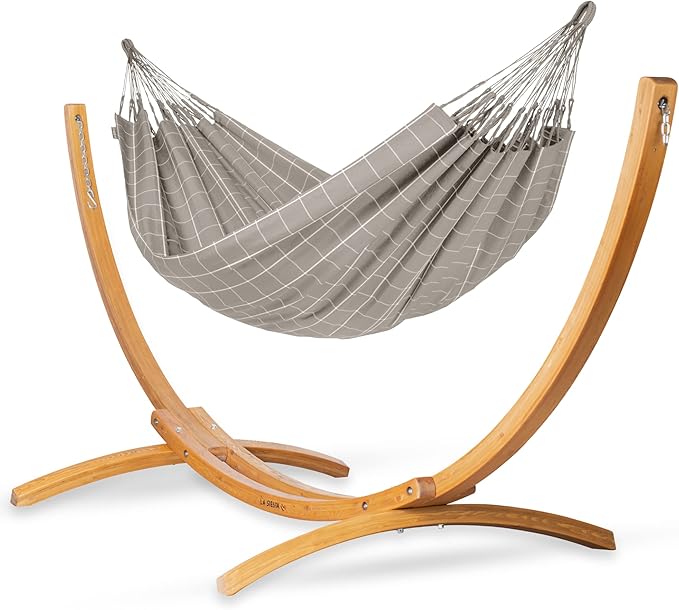 LA SIESTA® - Large Double Brisa Classic Hammock & Elipso Stand - Larch Wood Hammock Stand - Weather & Tear Resistant - Backyard Outdoor Hammock with Stand - 2-Person, Max 355 Lbs, Almond