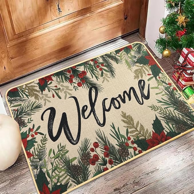 Christmas Welcome Doormat，Winter Christmas Outdoor Safflower Garden Rug Leaves Decor Floor Front Door Mat Non-Slip Entrance Mat for Home Kitchen Bathroom Decorations 17 X 29 Inch